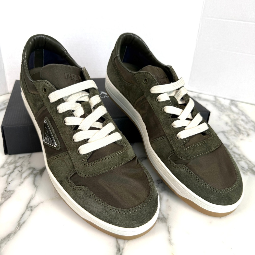 Prada Downtown Suede Nylon Low Top Sneakers Olive Green 2EE364 UK 7,  US 8